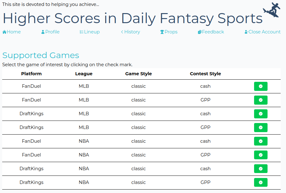 fifty-fifty and tournament game lineups for in-season leagues